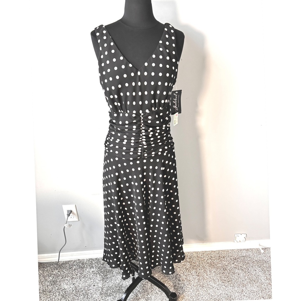 Jolibel vintage Polka Dot Dress Ruched Sleeveless Midi Dress Black White Size S